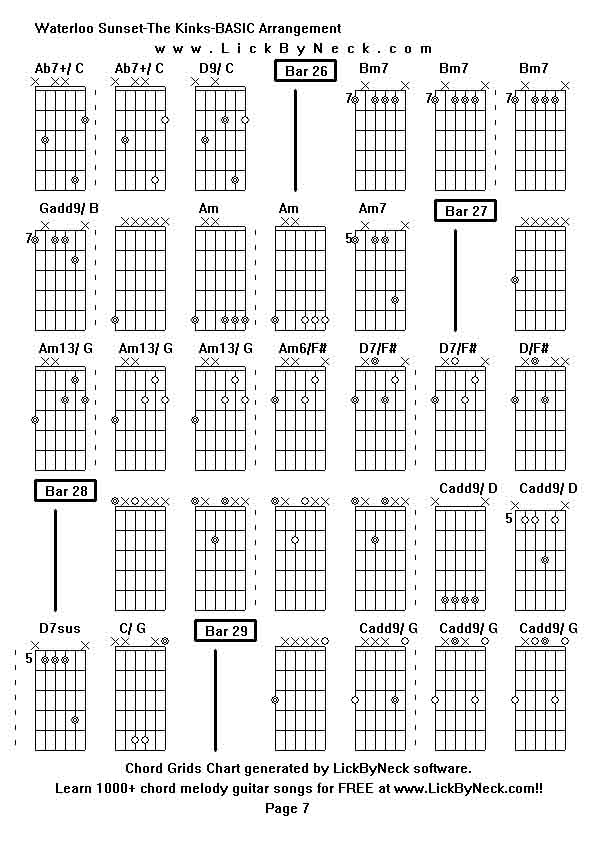 Chord Grids Chart of chord melody fingerstyle guitar song-Waterloo Sunset-The Kinks-BASIC Arrangement,generated by LickByNeck software.